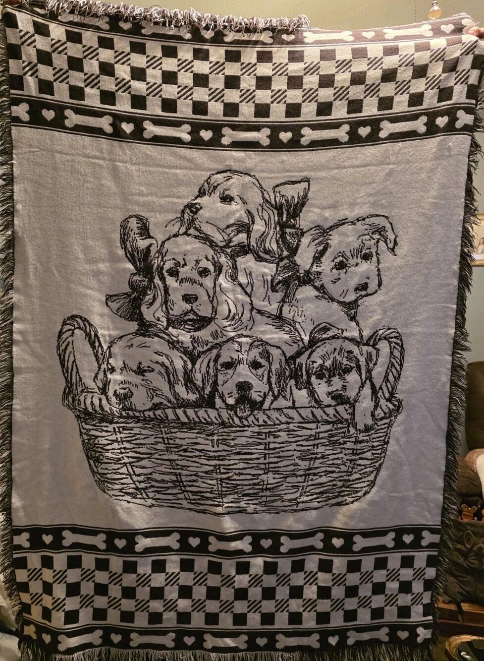 Vtg Basket Of Puppies Tapestry Throw Blanket 45"x60" Checkered Farmhouse